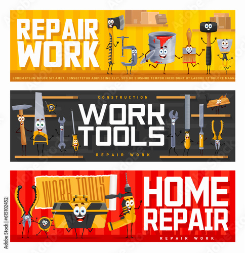 Cartoon repair DIY work tool characters, construction or handyman hardware, vector banners. DIY work tools with faces, funny hammer, screwdriver and chisel, carpentry and woodworking saw or spanner