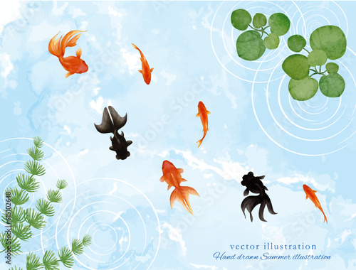 水彩手書きの金魚と水草の背景