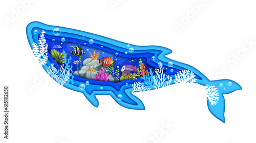 Cartoon whale, paper cut silhouette in underwater landscape, sea tropical fish, seaweeds and corals, vector water bubbles. Ocean undersea papercut of whale in paper cut layers of underwater coral reef