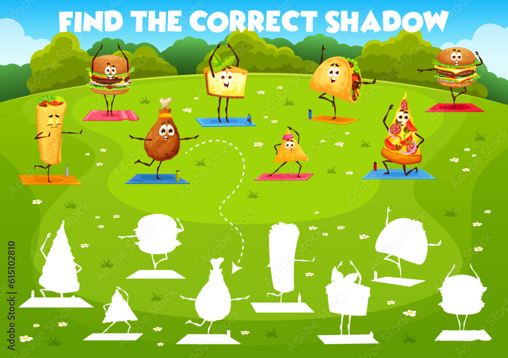 Find correct shadow, cartoon fast food characters on yoga, vector game worksheet. Cheeseburger, taco and cheesecake with enchilada and pizza on kids quiz puzzle to find and match suitable shadow Find correct shadow, cartoon fast food characters on yoga, vector game worksheet. Cheeseburger, taco and cheesecake with enchilada and pizza on kids quiz puzzle to find and match suitable shadow