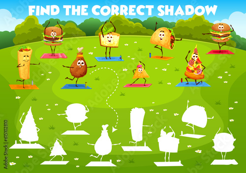 Find correct shadow, cartoon fast food characters on yoga, vector game worksheet. Cheeseburger, taco and cheesecake with enchilada and pizza on kids quiz puzzle to find and match suitable shadow