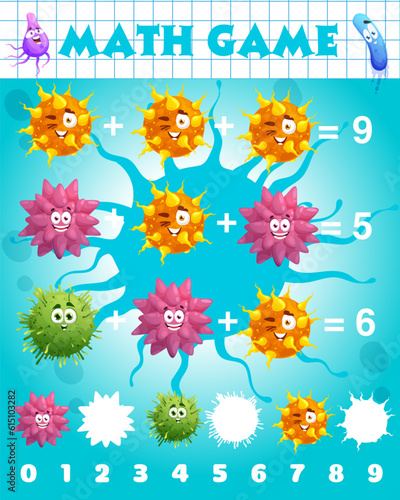 Cartoon virus and microbe characters, math game worksheet. Vector mathematics riddle page for children education and learning arithmetic subtraction equations with funny germs or bacteria, puzzle task