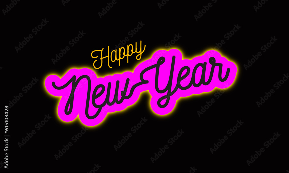 Happy New Year with Neon Glow Text and Black Background.