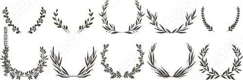 Laurel wreaths set in silhouette style. Hand drawn elegant floral frame with branches and leaves. Vector illustration for label, business identity, wedding invitation, greeting card, diploma