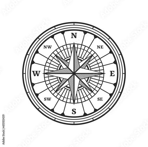 Compass wind rose star, old vintage travel map and nautical navigation vector symbol. Vintage compass with north west and east south direction arrow in wind rose, marine cartography sign
