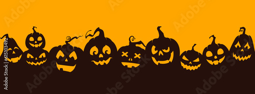 Halloween pumpkin silhouettes. Creepy Jack o lanterns, pumpkin carving evil smiling faces with sharp teeth. Halloween holiday vector background, backdrop or panorama wallpaper