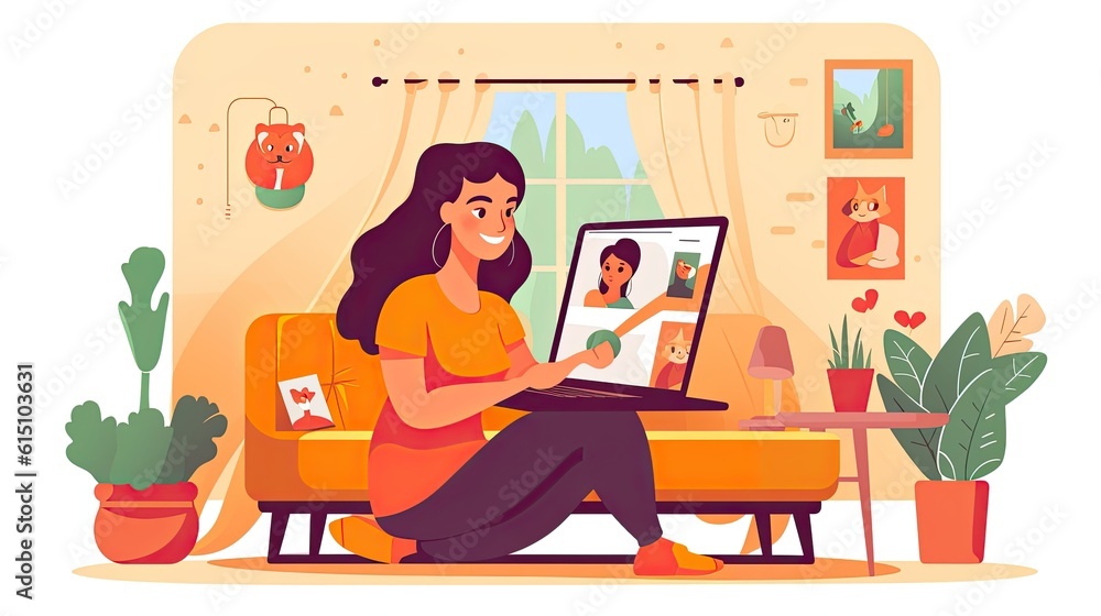 Fototapeta premium Happy woman using a tablet computer flat illustration - Generative AI.