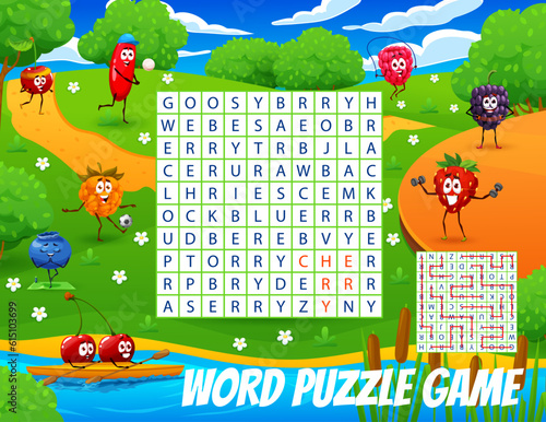 Word search puzzle game, cartoon cheerful berry characters on summer meadow. Vector worksheet with gooseberry, barberry, blackberry and strawberry. Cloudberry, cherry, blueberry or raspberry on field