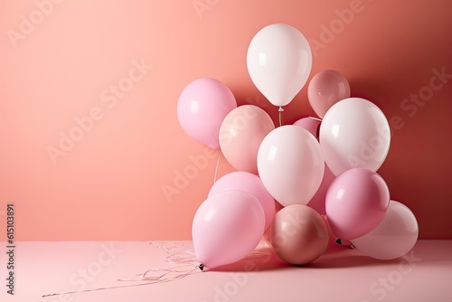 Bunch of big pink balloons object for birthday party isolated on a pink background. Generative AI