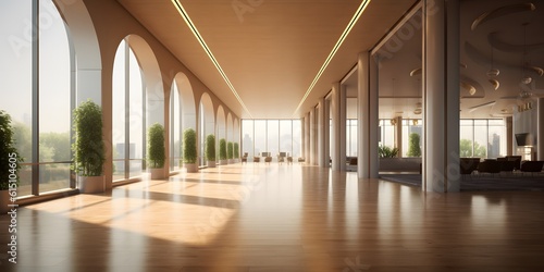 A beautiful modern spacious office hall with panoramic windows and a perspective in pleasant natural beige and brown tones © Jing