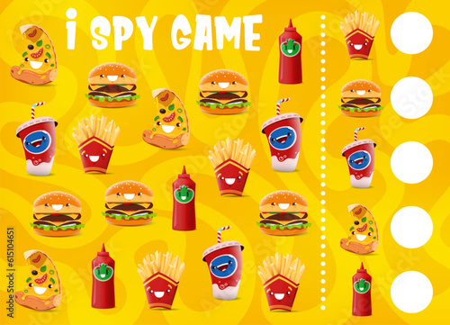 I spy game, funny cartoon takeaway fast food characters, vector quiz worksheet. Pizza, cheeseburger and fries with ketchup and soda in kids puzzle game to find and match same cheerful fast food snacks