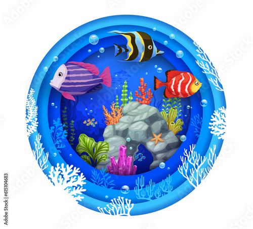 Cartoon tropical fish, seaweeds and sea in paper cut, vector underwater landscape or undersea world. Coral reef in sea or ocean water papercut, underwater world with exotic fishes and corals on rocks