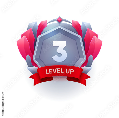 Game level up badge, win icon or bonus award for achievement, vector UI prize. 3 level up medal award badge for video game or arcade next level complete, silver popup award with red ribbon and crystal