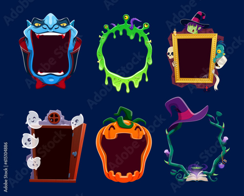 Cartoon Halloween holiday frames and borders. Spooky and fun vector frameworks with ghosts, pumpkin, door, witch, skeleton and zombie, vampire, goo and monster. Playful, colorful Hallowmas decor set