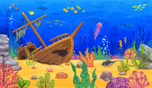 Cartoon underwater landscape with sunken ship. Sea deep wildlife scene or underwater aquatic life background, vector wallpaper with sunken boat, ocean bottom seaweed, fishes shoals and animals