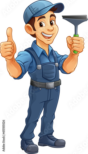 A window cleaner or car wash cleaning cartoon mascot man holding a squeegee washing tool