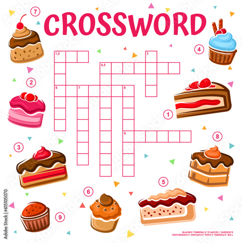 Cakes, cupcakes and pies, crossword grid or find word quiz game, vector worksheet. Search word quiz grid to find word of pastry dessert, cheesecake or tiramisu cake, muffin cupcake and pudding souffle