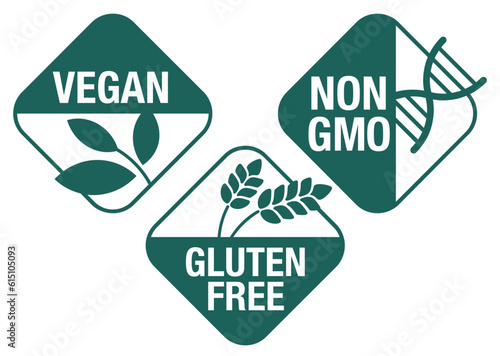 Vegan, Non-GMO, Gluten free - rhombic icons set
