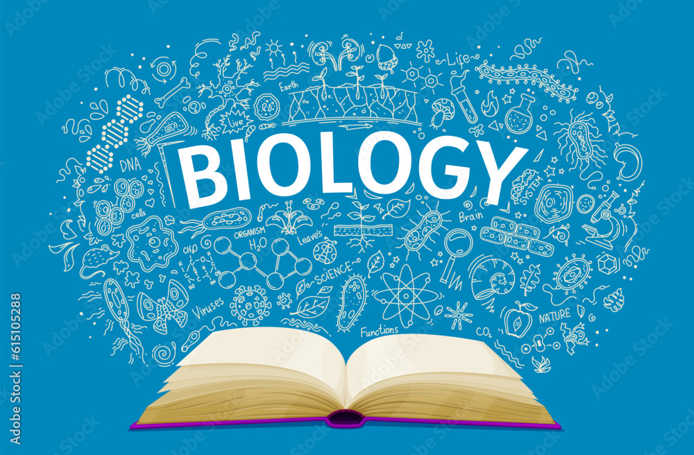 Science Text Book Background Biology textbook on school chalkboard background, vector education book ...