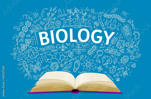 Biology textbook on school chalkboard background, vector education book. Biology classes open textbook with chalk doodle DNA molecule, microorganism cells and microscope for student science study