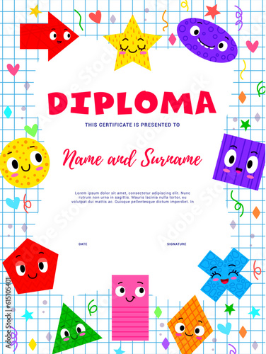 Kids diploma with math shape characters for education certificate vector background. Funny geometry class shapes of triangle square and star with circle for school or kindergarten workshop diploma