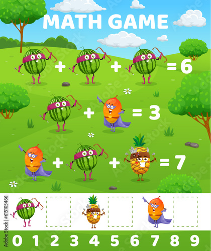 Watermelon, mango and pineapple characters, math game worksheet, vector mathematics quiz. Funny cartoon superhero fruits on math game puzzle for addition and subtraction calculation skills training