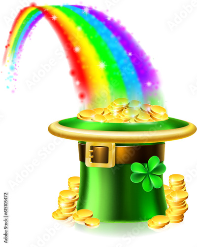 A St Patricks day gold coin filled leprechaun hat at the end of the rainbow