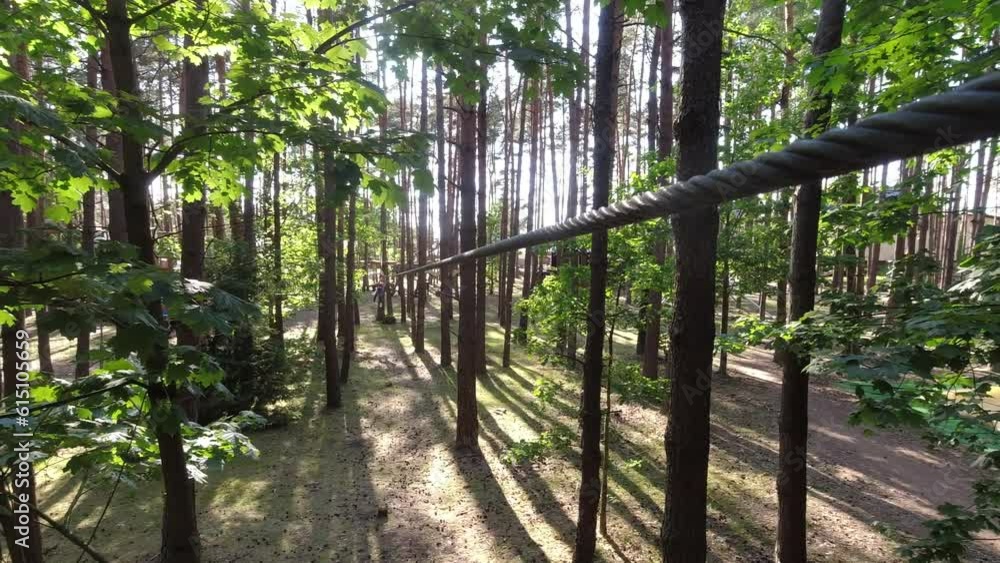 Palanga, Lithuania - 2023: young woman girl sliding along zipline in fir tree forest in summer. Lithuania adventure park in HBH. Palanga, Lithuania - 2023: young woman girl sliding along zipline in fir tree forest in summer. Lithuania adventure park in HBH.