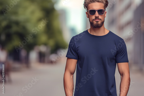 european man with sunglasses navy tshirt mockup with copy space and blurred background ai generated art