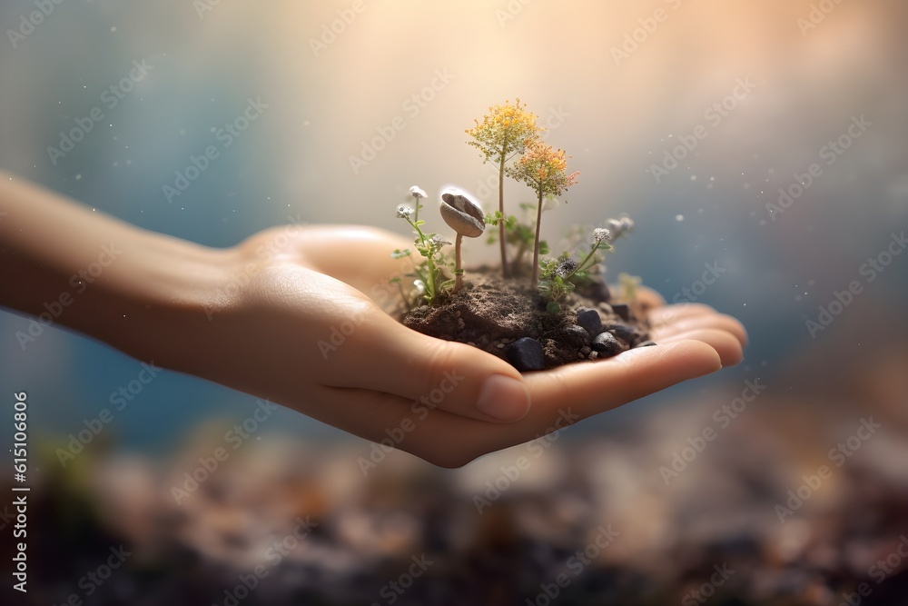 Fototapeta premium A soil and Tiny Flower in the palm of hand. Created with Generative AI Technology