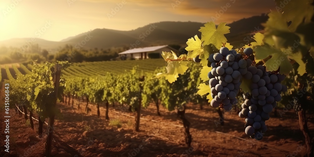 Naklejka premium AI Generated. AI Generative. Photo illustration of wine grape vineyard winery plant field nature outdoor field. Graphic Art