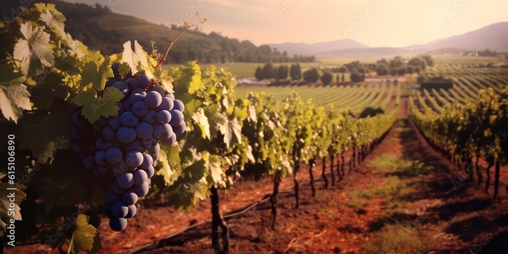 AI Generated. AI Generative. Photo illustration of wine grape vineyard winery plant field nature outdoor field. Graphic Art