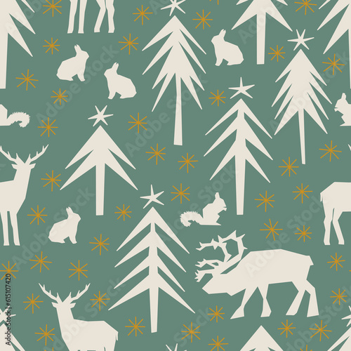 winter christmas seamless pattern papercut forest animals stars digital art