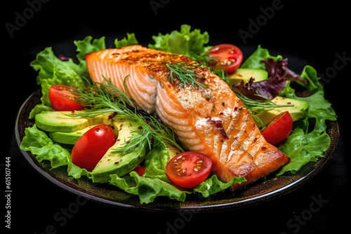 Grilled salmon fish salad with tomatoes and avocado on plate and black background