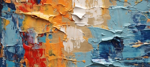Fototapeta Naklejka Na Ścianę i Meble -  Closeup of abstract rough colorful colorful multicolored art painting texture, with oil brushstroke, pallet knife paint on canvas (Generative Ai)