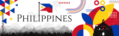 The Philippines Independence Day abstract banner design with flag and map. Flag color theme geometric pattern retro modern Illustration design. Blue, red, yellow and white color template.