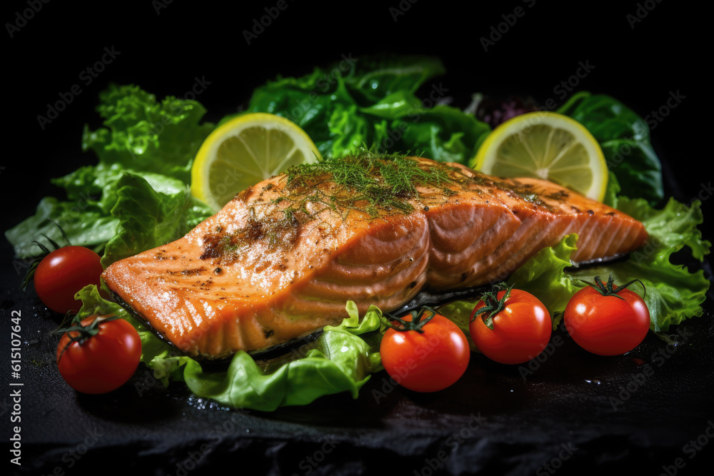Grilled salmon fish salad with tomatoes and avocado on plate and black background Grilled salmon fish salad with tomatoes and avocado on plate and black background