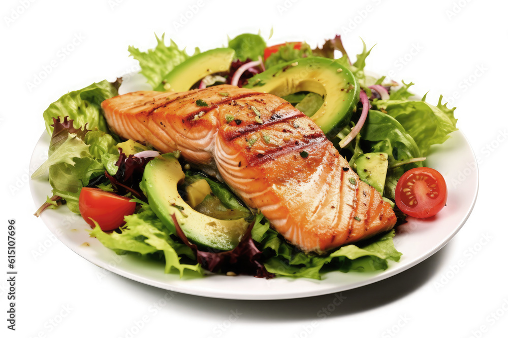 Grilled salmon fish salad with tomatoes and avocado on plate isolated on white background Grilled salmon fish salad with tomatoes and avocado on plate isolated on white background