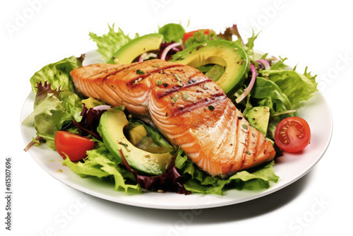 Grilled salmon fish salad with tomatoes and avocado on plate isolated on white background