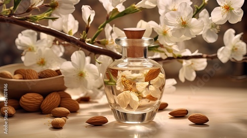 a glass bottle of almond oil with flower branch, Generative Ai