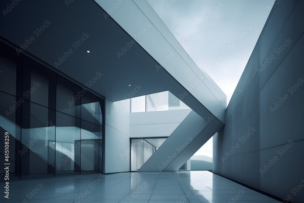 Fototapeta premium Modern office building with glass windows and blue sky. The overall feel is one of contrast and clarity, with none of the clutter or overly bright colors found in busy scenes.