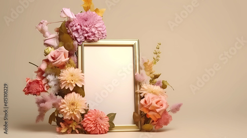 Empty photo frame with flowers