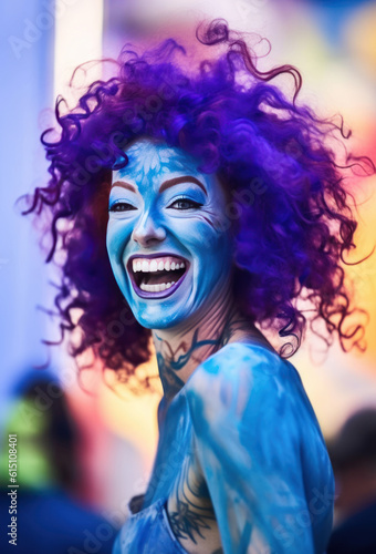 Laughing woman with blue bodypaint and purple wig.