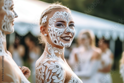 Smiling women in white bodypaint at a festival.