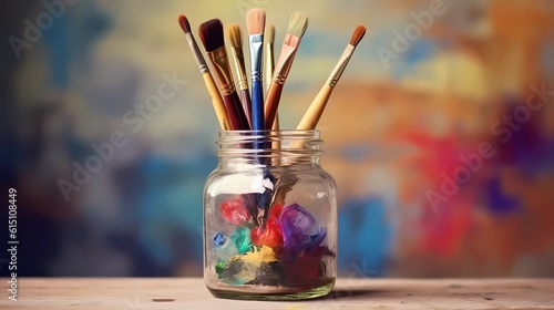 Mason Jar with Colorful Paintbrushes