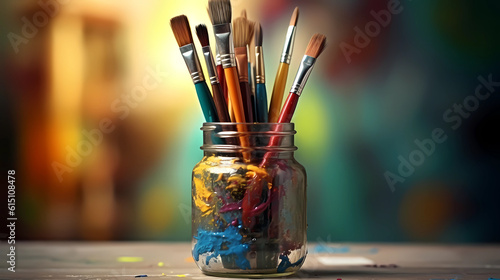 Mason Jar with Colorful Paintbrushes