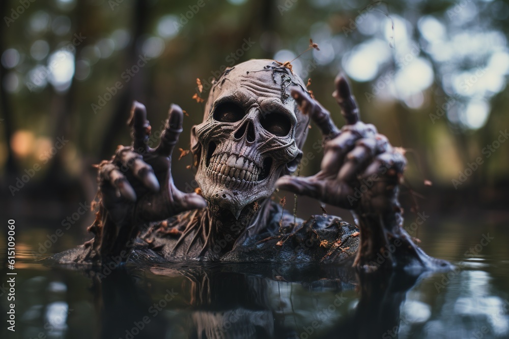 skeleton face with hand up in puddle