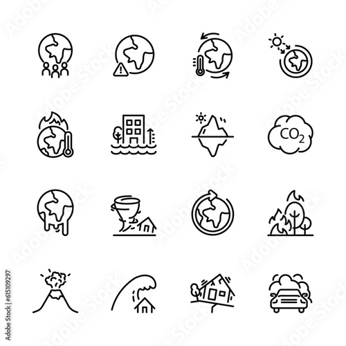 Set of climate change icons, Global warming effect , earthquake, flooding, extreme temperature, ice melting. vector illustration