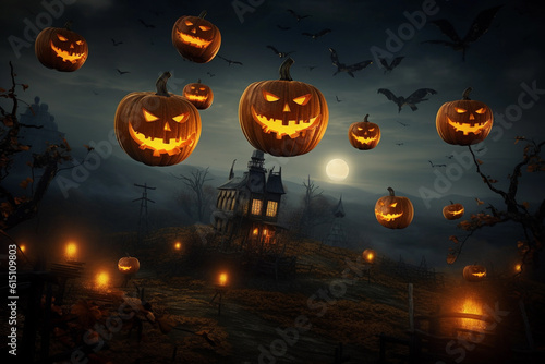 Dark Halloween landscape illustration with pumpkins, Generative AI