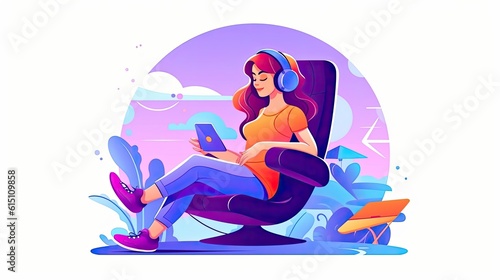 Woman using a tablet computer for leisure flat illustration - Generative AI.